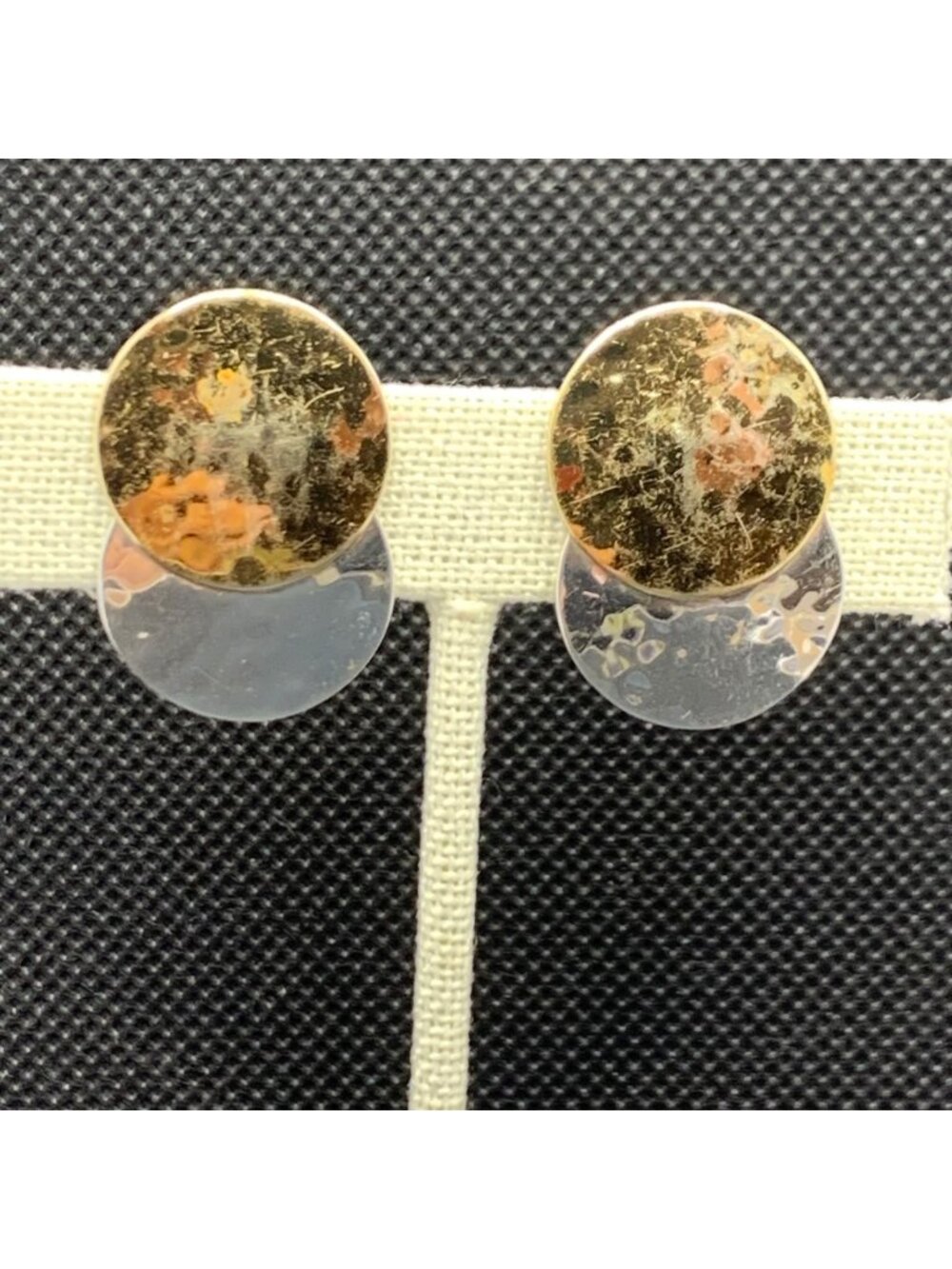 Round Hammered Disc Two Tone Earrings 925 Sterling Silver 1.25" Long